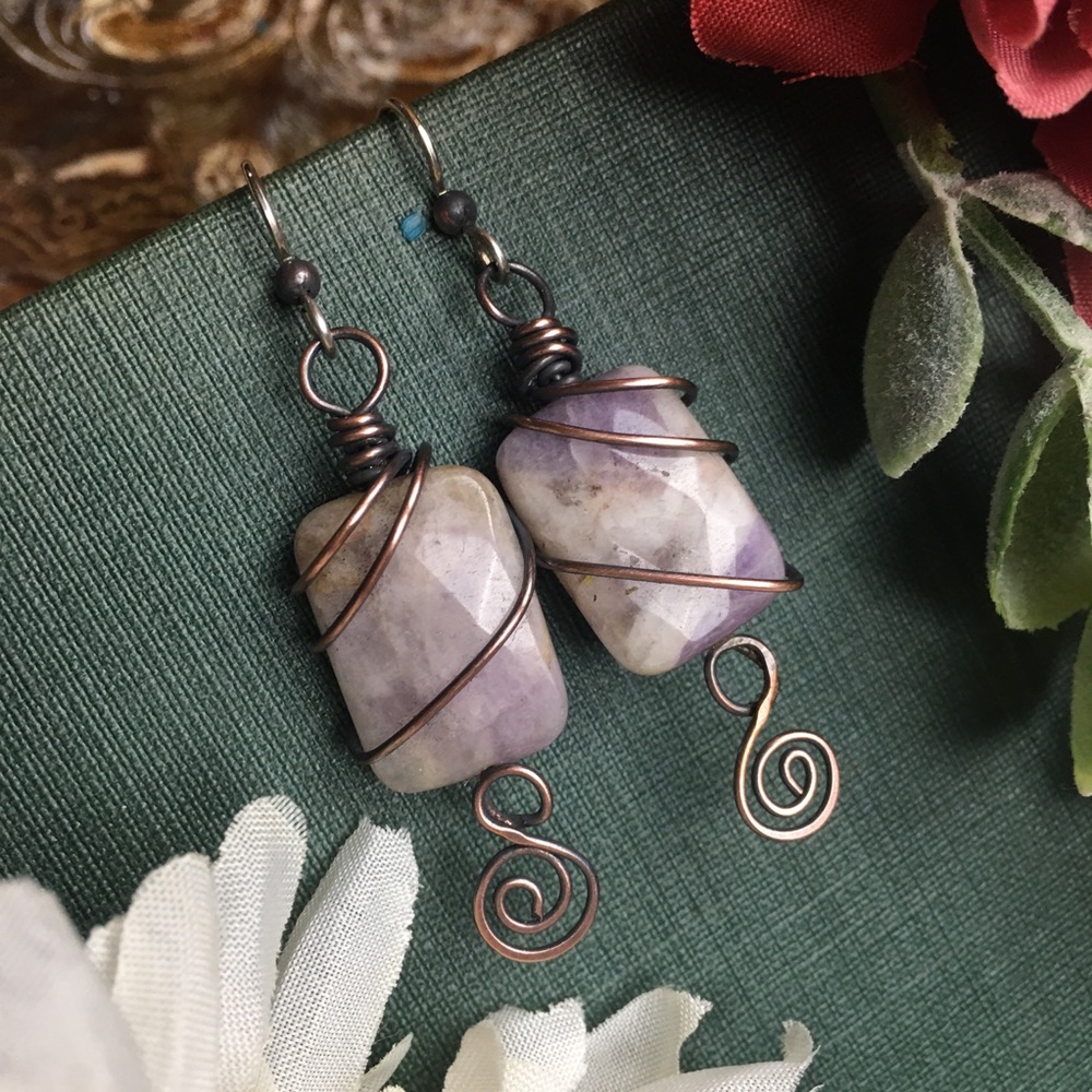 Amethyst bead copper wire wrap earrings 925 silver - Picture 5 of 5